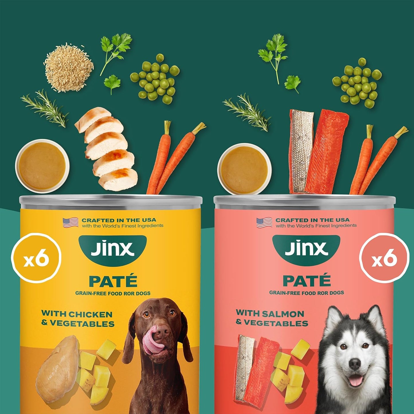 Jinx Premium Wet Dog Food Cans, Variety Pack - Salmon & Chicken Pate - Grain-Free Canned Dog Food Pate & Topper with Real Ingredients & No Fillers - All Life Stages, Breeds & Sizes - 12-Pack, 13 Oz