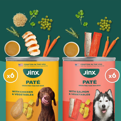 Jinx Premium Wet Dog Food Cans, Variety Pack - Salmon & Chicken Pate - Grain-Free Canned Dog Food Pate & Topper with Real Ingredients & No Fillers - All Life Stages, Breeds & Sizes - 12-Pack, 13 Oz