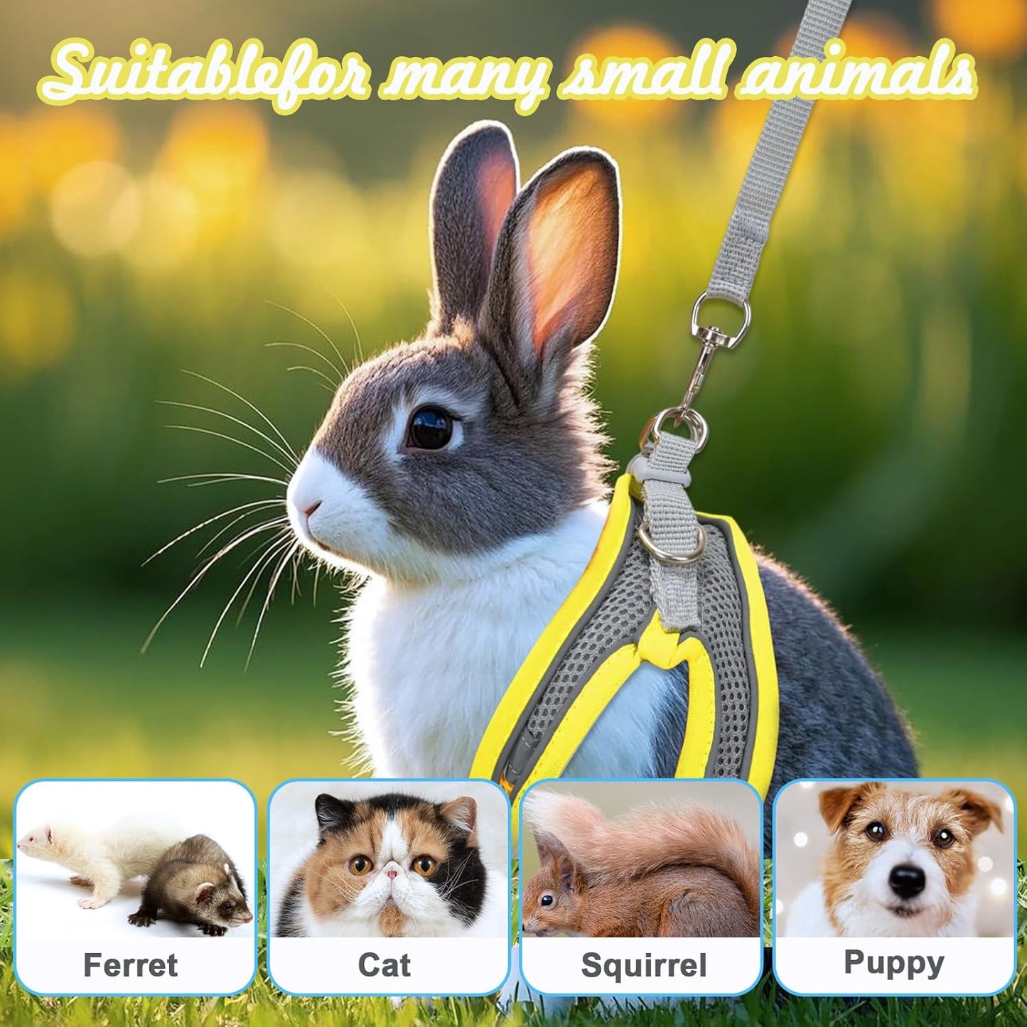 2 Pack Rabbit Harness and Leash Set, Double Buckle Bunny Harness with Reflective Strips Soft Breathable Mesh Vest Harness for Rabbits Walks Accessories(Pink and Yellow)