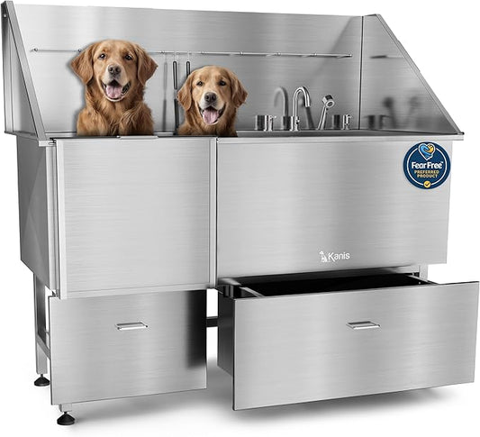 KANIS Professional Dog Washing Station - 304 Stainless Steel Pet Wash Sink & Grooming Bathtub w/Shower, Floor Grates and Storage for Large, Medium & Small Pets (61", 2 Drawers - Left Ramp)