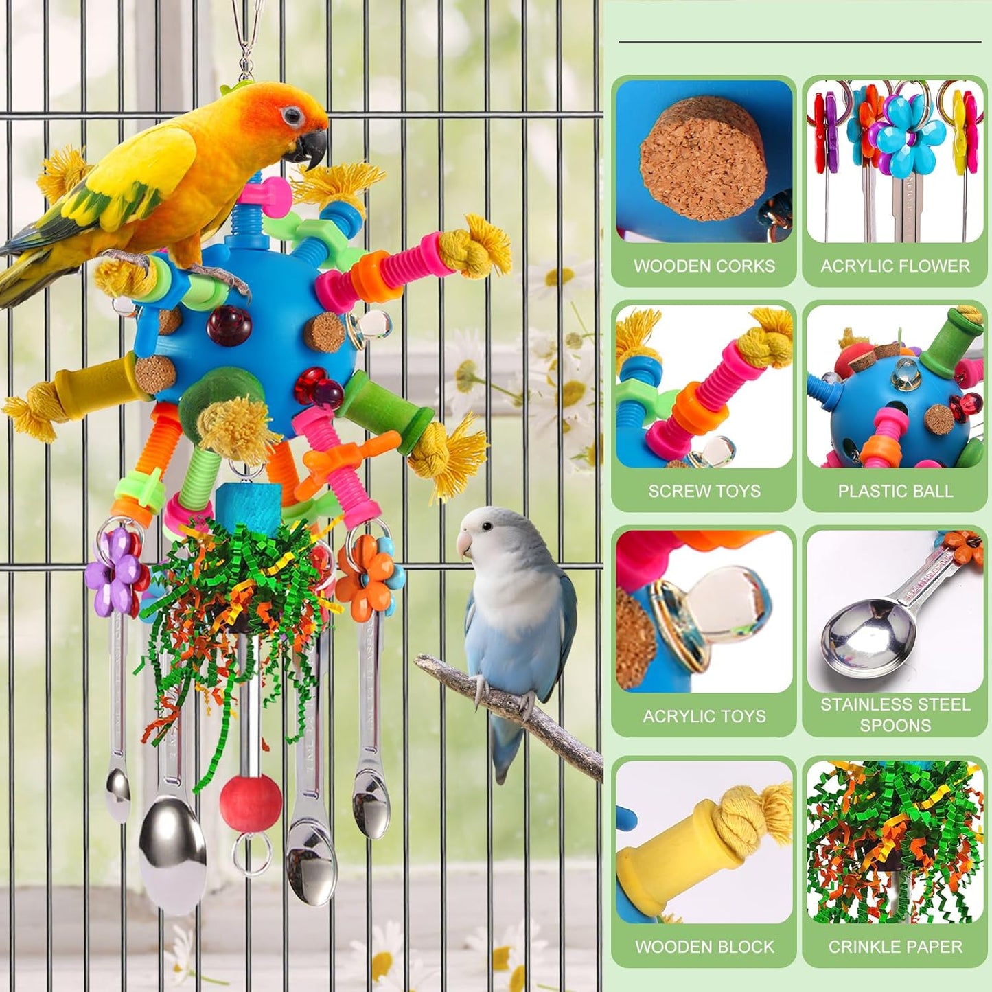 Parrot Toys Bird Toys Perch Pullable Stainless Steel Spoons Colorful Acrylic Stick Chew Toys for Amazons Mini Macaws African Greys Cockatoos Conures, Cockatiels, Lovebirds, Parrotlets and Other (blue)