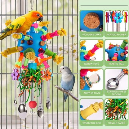 Parrot Toys Bird Toys Perch Pullable Stainless Steel Spoons Colorful Acrylic Stick Chew Toys for Amazons Mini Macaws African Greys Cockatoos Conures, Cockatiels, Lovebirds, Parrotlets and Other (blue)