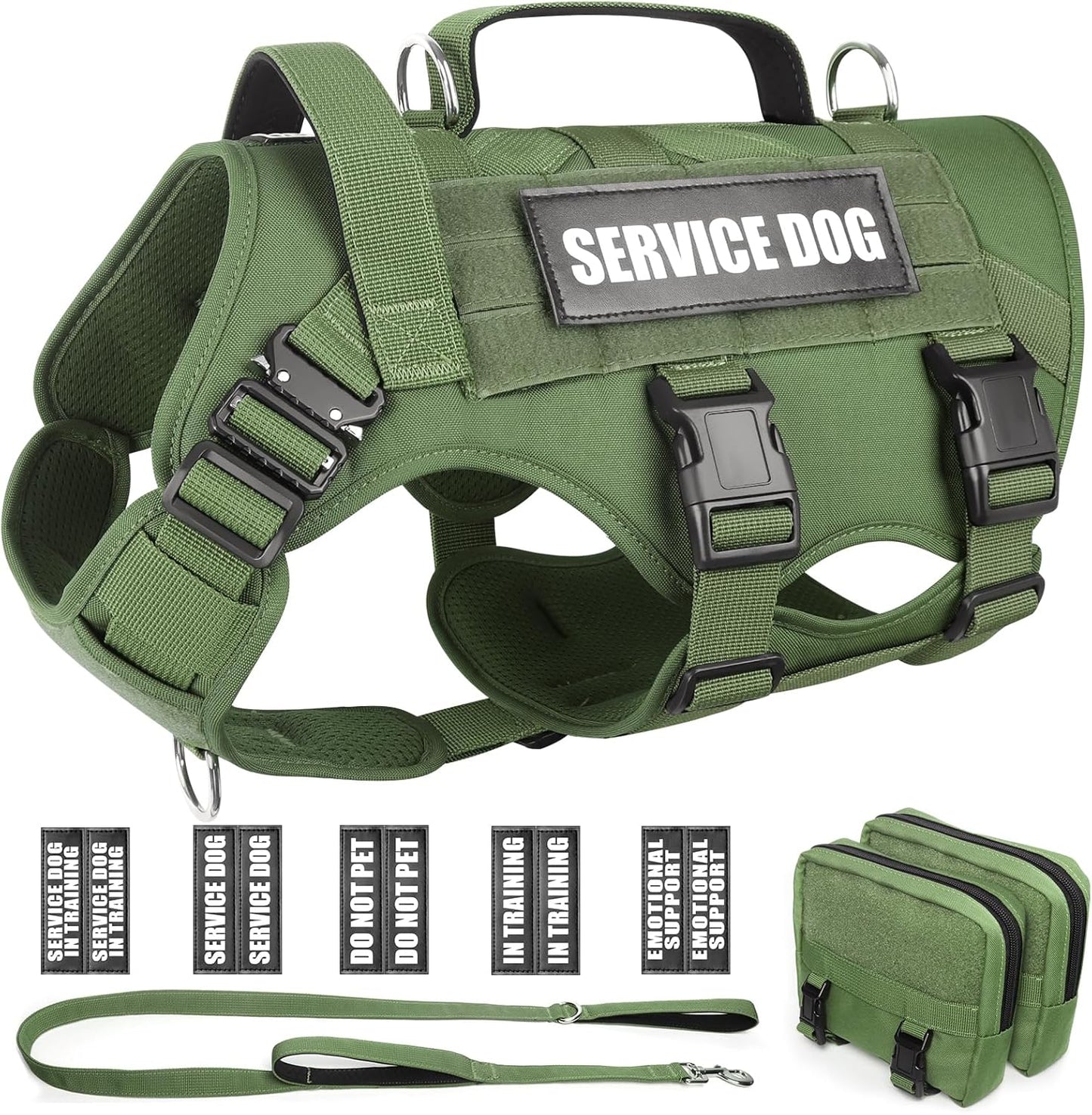 WINSEE Tactical Dog Harness with Dog Leash, Service Working MOLLE Vest with 10 Pet Patches for Dog, No Pull Military Harness and Backpack for Training Hunting Walking