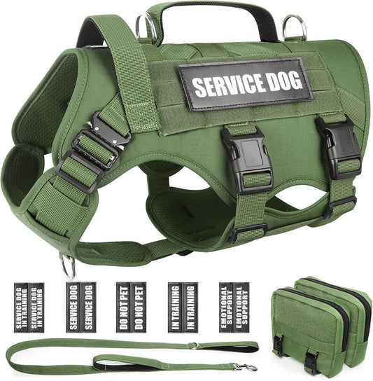 WINSEE Tactical Dog Harness with Dog Leash, Service Working MOLLE Vest with 10 Pet Patches for Dog, No Pull Military Harness and Backpack for Training Hunting Walking