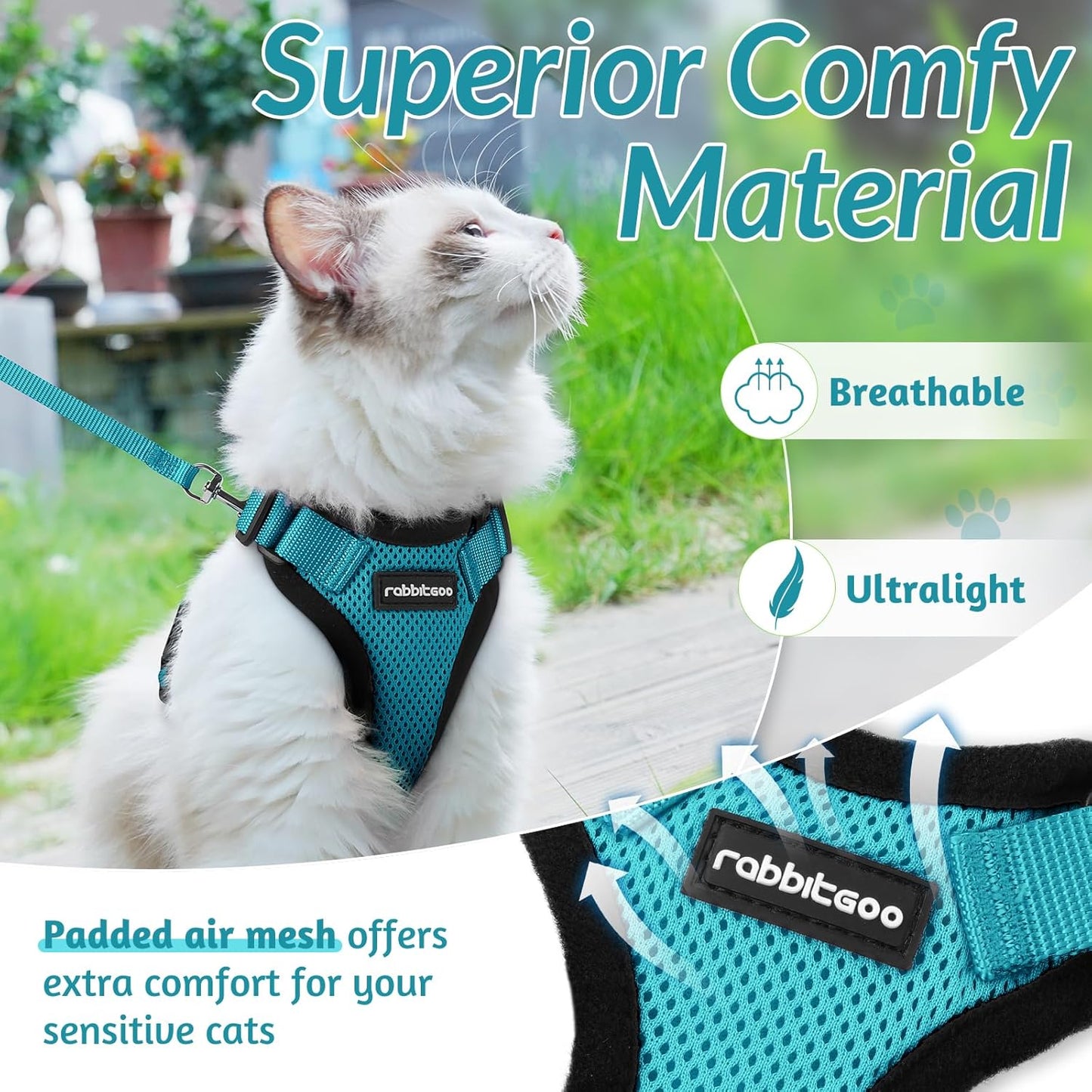 rabbitgoo Cat Harness and Leash for Walking, Escape Proof Soft Adjustable Vest Harnesses for Cats, Easy Control Breathable Reflective Strips Jacket, Teal, S