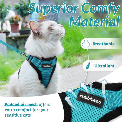 rabbitgoo Cat Harness and Leash for Walking, Escape Proof Soft Adjustable Vest Harnesses for Cats, Easy Control Breathable Reflective Strips Jacket, Teal, S