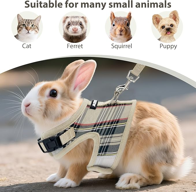 AIITLE Adjustable Bunny Harness & Leash Set - Soft Mesh Liner, Comfort Fit Plaid Pattern Vest with Magic Tape Design, Portable for Small Animal Pets Puppy Cat Rat Squirrel Ferret, Beige L