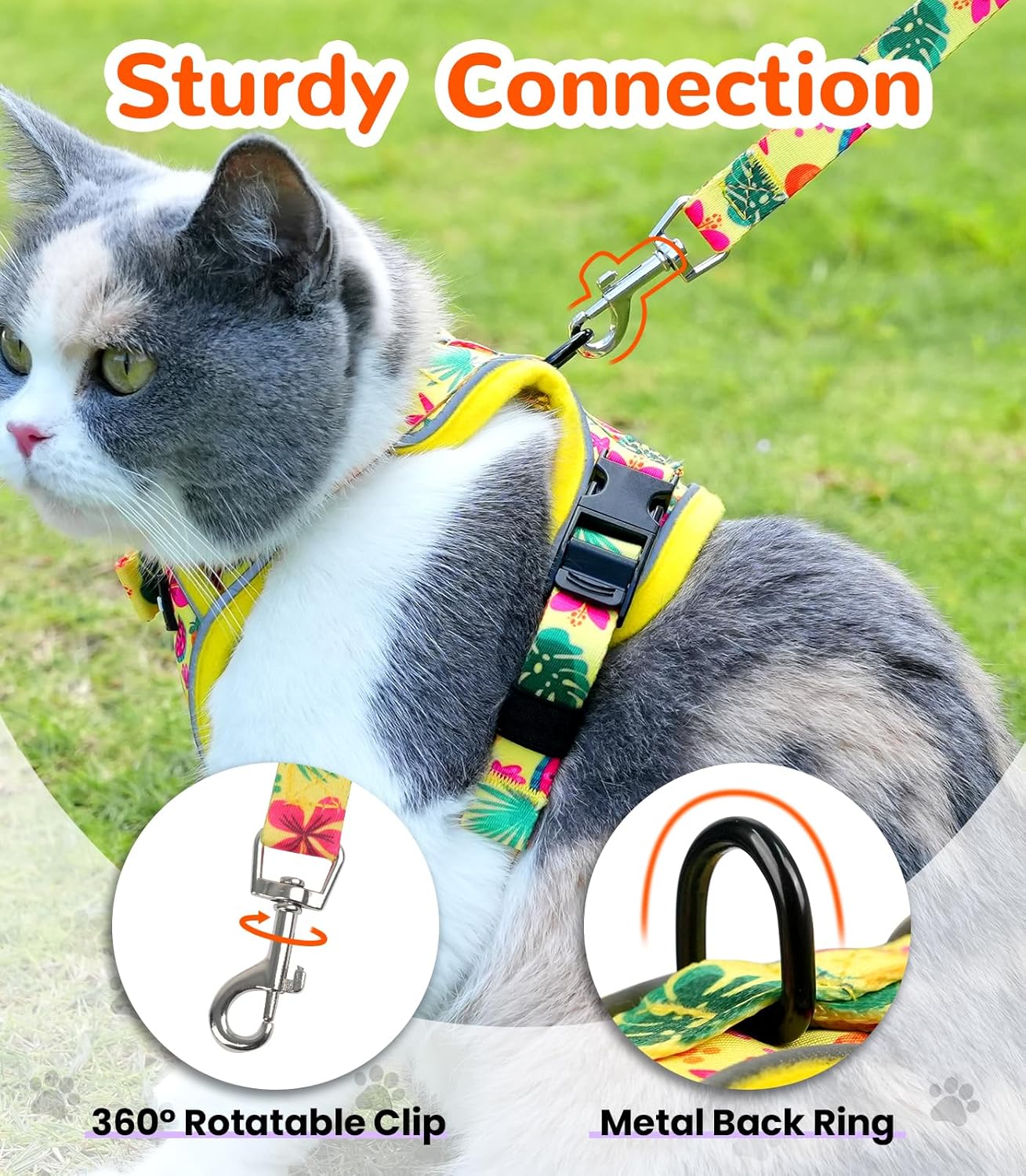 Halypet Cat Harness and Leash Set for Walking, Escape Proof Adjustable Vest Harness with 3-in-1 Integrated Buckles, Easy Control Soft Breathable Mesh with Reflective Strips for Cats, M, Bright Yellow