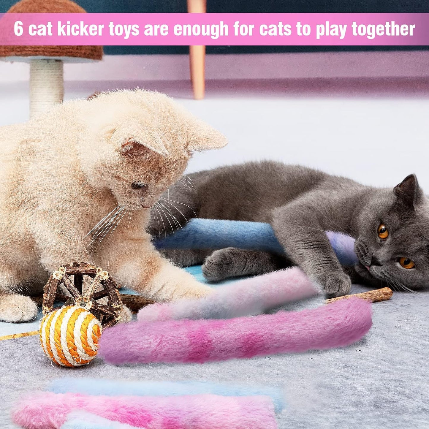 MEWTOGO 6Pcs Cat Kicker Toys with Sound Paper- Kitty Kick Sticks Soft Plush Cat Chew Toy to Squeak- Durable Kick Toy for Indoor Cats Gift Playing(11.8" x 1.6")