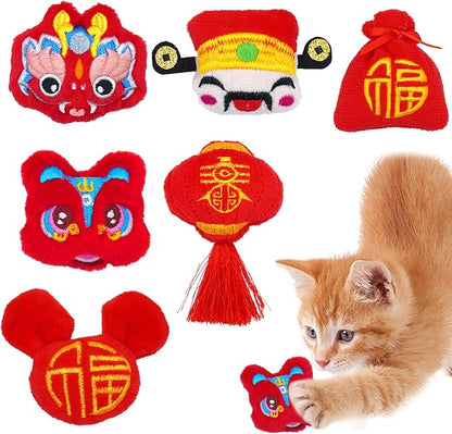 Lunar New Year Cat Toys for Bored Indoor 6 Pcs Xmas Plush Catnip Toys Training Kitten Chewing Interactive Toys Chinese Red