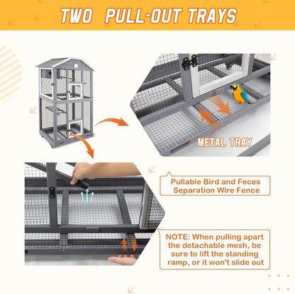 65in Outdoor Bird Aviary with Wheels,Wooden Bird Cage Indoor Finches Cage Flight cage Wire Mesh,Easy Clean Tray Perches Nest Feeder