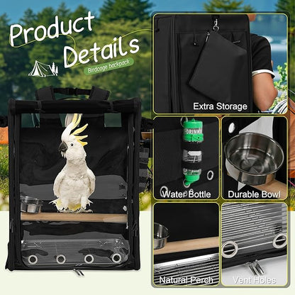 Suertree Bird Carrier Travel Cage, Cockatoo Carrier, Parrot Travel Backpack with Unbreakable Stainless Steel Mesh, Perch, Water Bottle and Food Bowl, X-Large Black