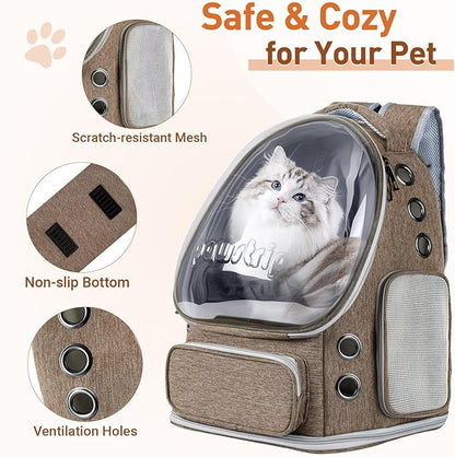 Cat Backpack Carrier with Bubble Window, Breathable & Foldable Pet Travel Carrier for Small Dogs and Cats, Airline-Approved for Hiking & Outdoor Use, Brown