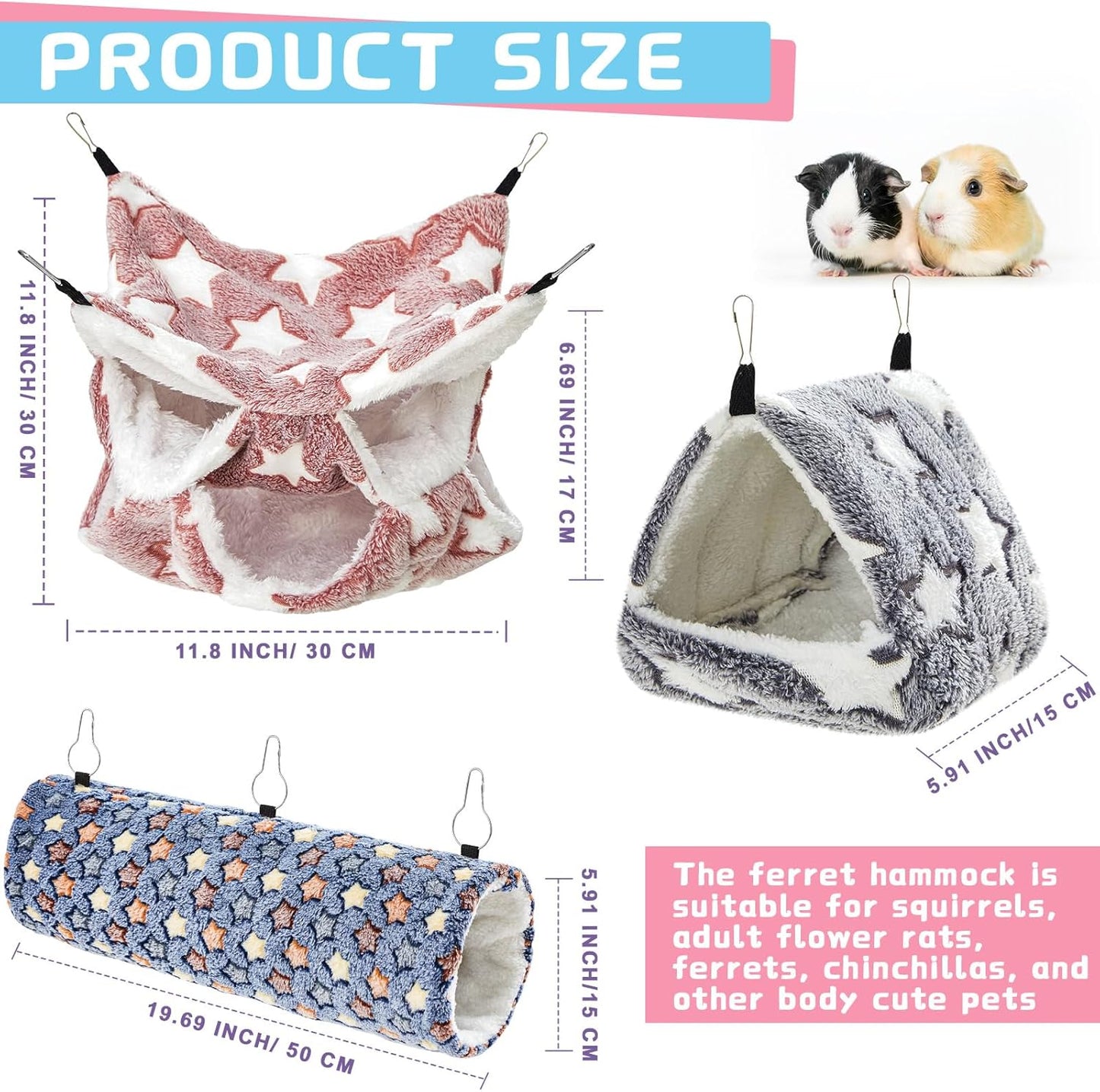 Abbylike 9 Pieces Rat Hammock 3 Tier Guinea Pig Ferret Hammocks Small Pet Hanging Tunnel Glider Toy Guinea Pig Ferret Hideout Bed Cage Accessories for Hamster(Navy,Grey,Pink,Star)