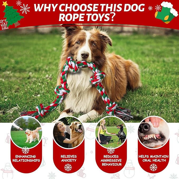 Aitmexcn Christmas Dog Rope Toys for Aggressive Chewers Large Breed, Indestructible Dog Chew Rope Toys, 5 Knots Tough Tug Toy for Teeth Cleaning, Tug of War