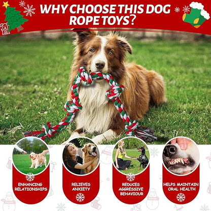 Aitmexcn Christmas Dog Rope Toys for Aggressive Chewers Large Breed, Indestructible Dog Chew Rope Toys, 5 Knots Tough Tug Toy for Teeth Cleaning, Tug of War