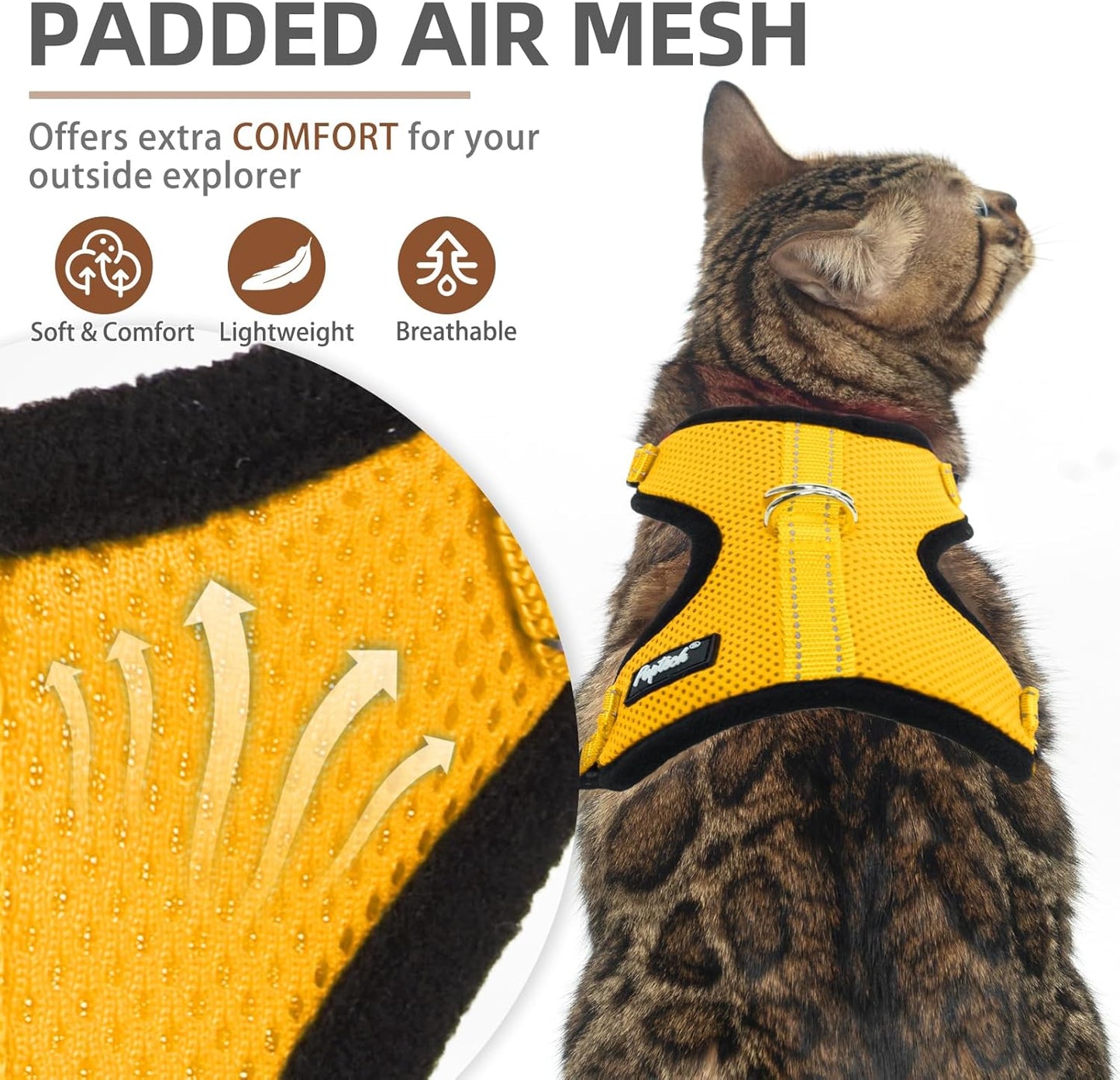 PUPTECK Cat Harness and Leash Set Escape Proof, Reflective Adjustable Soft Mesh Kitten Vest Harness for Walking Travel, Yellow, S