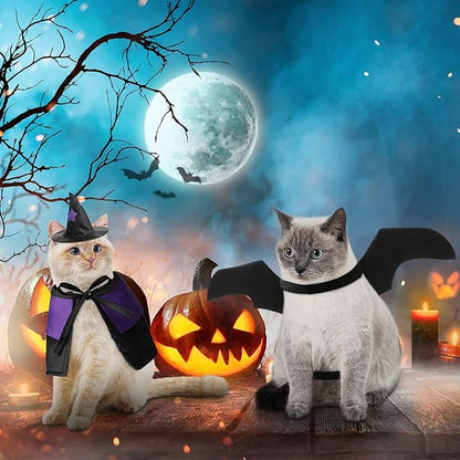 Frienda 3 Pieces Cat Halloween Vampire Costume Includes Vampire Costume Cloak Wizard Hat and Cat Bat Wings for Kittens Pet Halloween Party Cosplay Accessories(Purple,Star)