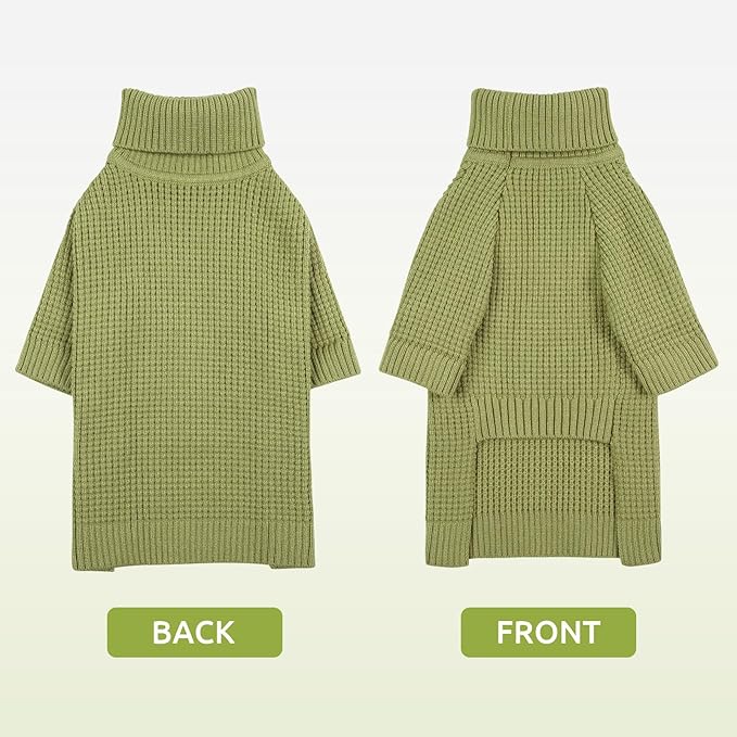 Queenmore Waffle Knit Small Dog Sweater, Long Sleeve Doggie Fall Sweater, Turtleneck Sweaters for Small Breeds, Samll Puppy Sweaters, Green S
