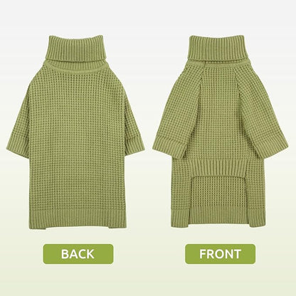 Queenmore Waffle Knit Dog Sweater, Long Sleeve Dog Fall Sweater, Turtleneck Puppy Sweaters, Puppy Sweaters for Cats, Green XS