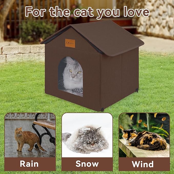 Outdoor Cat House for Shelter Feral Cat, Outside Waterproof Cat House for Outdoor/Indoor Cats, Insulated Cat Bed for All Seasons with Cozy Cushion (Brown, Large Zip Style)