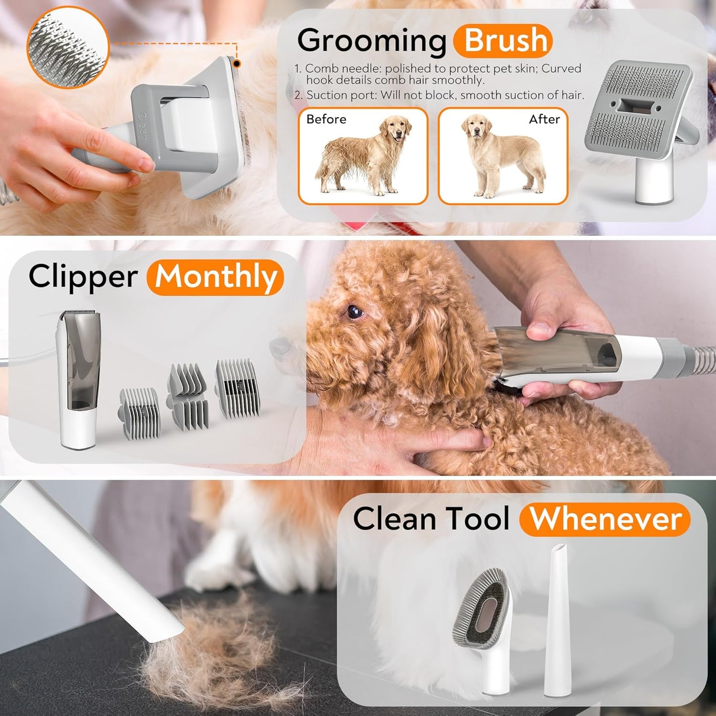 Dog Grooming Vacuum, Dog Grooming Kit 12kPa Suction Hair Remover Low Noise Pet Brush Vacuum Collects 99% Hair, 2L Dust Cup, 5 Proven Grooming Tools for Cats, Other Animals and Home Cleaning