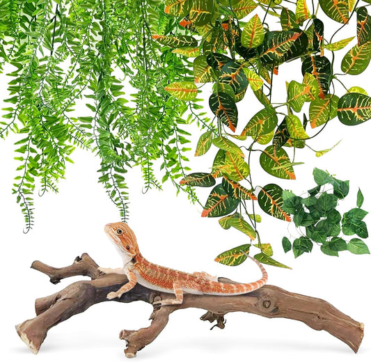 VCEPJH 4 Pcs Reptile Plants, Climbing Wood Branch Terrarium Hanging Fake Plant Leaves Bearded Dragon Tank Accessories, Habitat Decor for Snake Leopard Gecko Lizard Chameleon (Style 1)