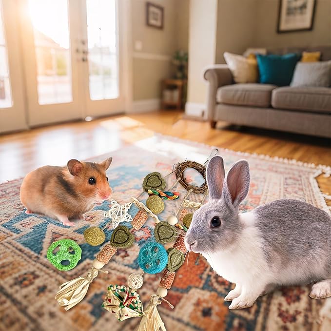 Bunny Chew Toy, Rabbits Cage Hanging Chew Toys and Treats Rattan Ring with Snacks Water Grass Wooden Block Carrot for Guinea Pigs Chinchillas Hamsters Rats and Other Small Pets Teeth Grinding