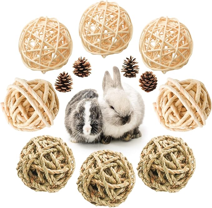 8 Pcs Small Animals Play Balls Rolling Activity Chew Toys Gnawing Treats for Rabbits Guinea Pigs Chinchilla Bunny Natural Balls, Pet Cage Entertainment Accessories (8 Pcs+ Pine Cone)