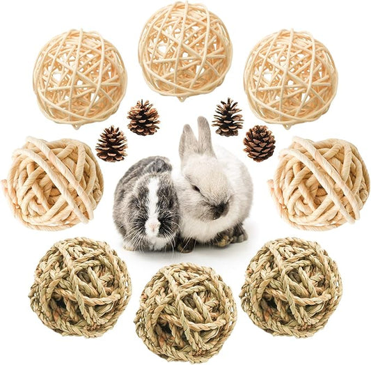 8 Pcs Small Animals Play Balls Rolling Activity Chew Toys Gnawing Treats for Rabbits Guinea Pigs Chinchilla Bunny Natural Balls, Pet Cage Entertainment Accessories (8 Pcs+ Pine Cone)
