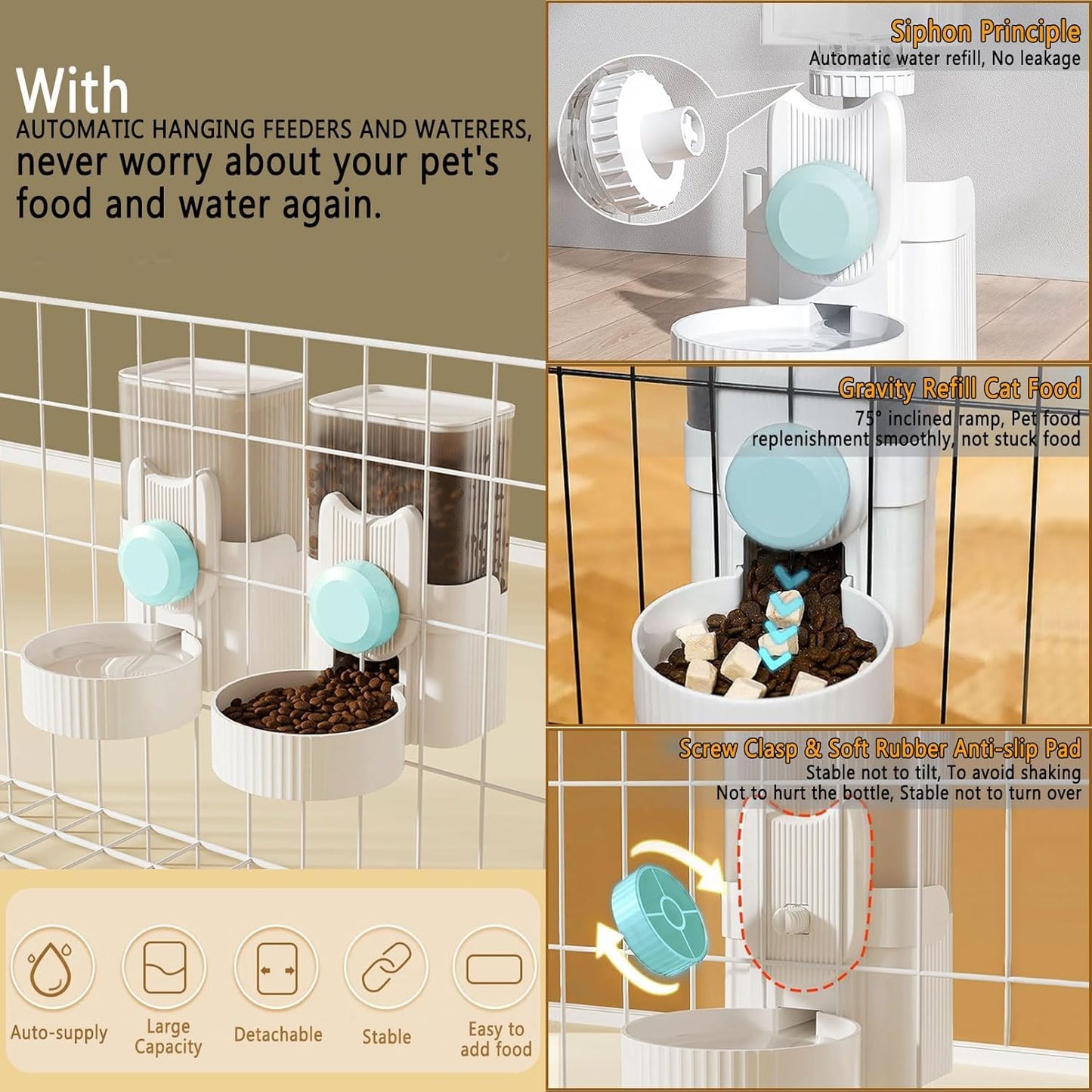 kathson Hanging Automatic Pet Food and Water Dispenser,Gravity Auto Rabbit Feeder for Cage,Guinea Pig Feeder and Waterer Set,Cat Food Bowl Dog Feeding Station for Bunny,Ferret,Chinchilla (Blue)