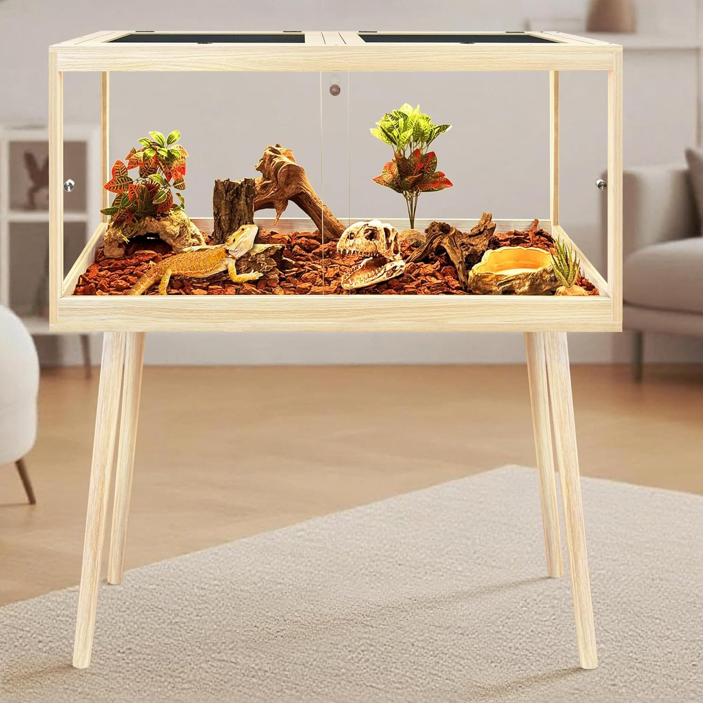 Prolee Bearded Dragon Tank with Leg Stand,Wooden Lizard Tank,Reptile Tank with Metal Mesh Roof Door, Acrylic Panel Snake Tank with Lock Design (Oak, 40"x20"x20")