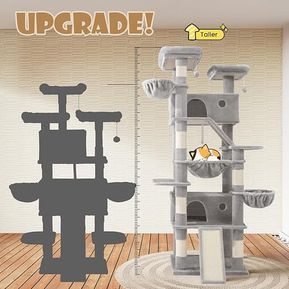 SHA CERLIN 81in Multi-Level Tall Cat Tree Tower for Indoor Kitties/Larger Cat Condo Furniture with Hammock/Cozy Pussycat Perches/Sisal Scratching Posts/Pet House/Wide Base/Grey