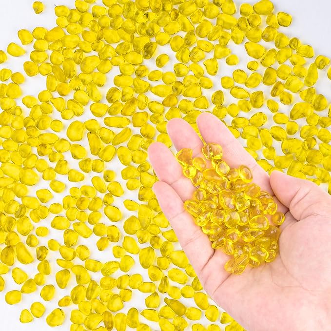 Meschett Colorful Glass Stones, 1 LB Fish Tank Gravel, Small Irregular Rainbow Aquarium Gravel for Aquarium Decorations and Turtle Tank, Sea Glass Beads Crystals for Fish Bowl, Vase Filler,Yellow