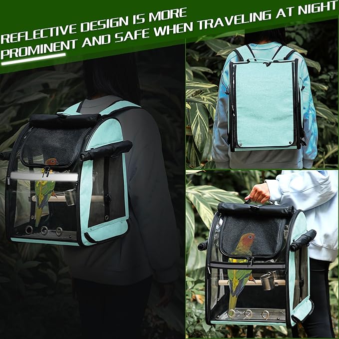 SUERTREE Bird Carrier Bag with Indestructible Stainless Steel Mesh, Bird Travel Cage with Stand, Easy to Clean Backpack for Parrot, Portable Bird Travel Bag, Green
