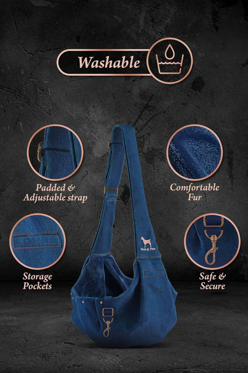 Noah & Paw Dog Sling Carrier for Small Dogs 3-10lb, Dog Sling for Small Dogs and Cats, Dog Carrier with Adjustable Padded Strap, Premium Denim, Lined with Fur, Double Safety Feature, Machine Washable