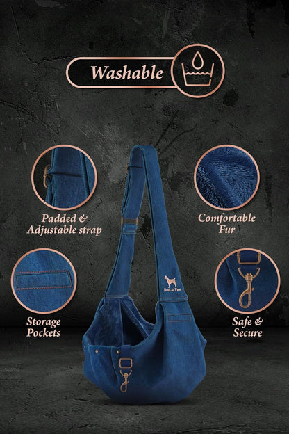 Noah & Paw Dog Sling Carrier for Small Dogs 3-10lb, Dog Sling for Small Dogs and Cats, Dog Carrier with Adjustable Padded Strap, Premium Denim, Lined with Fur, Double Safety Feature, Machine Washable