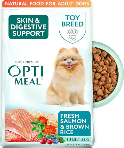 Optimeal Toy Breed Dry Dog Food – Small Kibble for Small Dogs, High Protein, Natural Ingredients, Skin & Digestive Support, Premium European Nutrition – Salmon & Brown Rice, 3.3 lbs