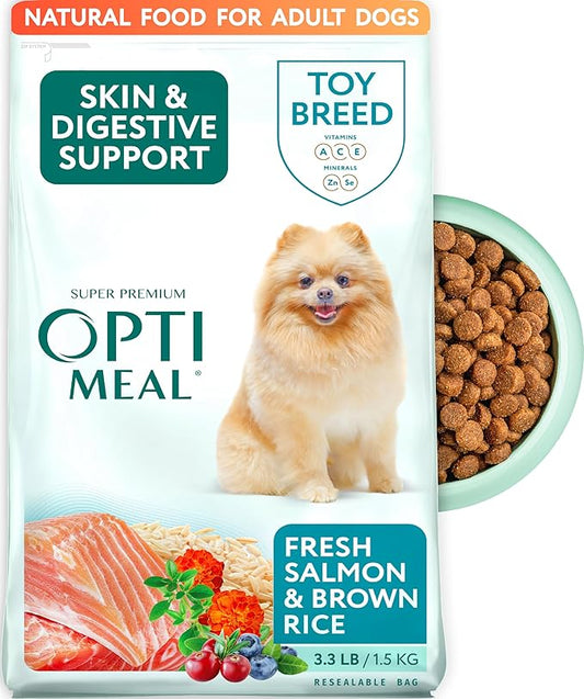 Optimeal Toy Breed Dry Dog Food – Small Kibble for Small Dogs, High Protein, Natural Ingredients, Skin & Digestive Support, Premium European Nutrition – Salmon & Brown Rice, 3.3 lbs
