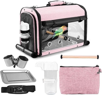 SUERTREE Bird Carrier Bag Bird Travel Cage with Stand, Lightweight Backpack for Parrot, Portable Bird Travel Bag, Pet Transparent Breathable Travel Cage, Pink