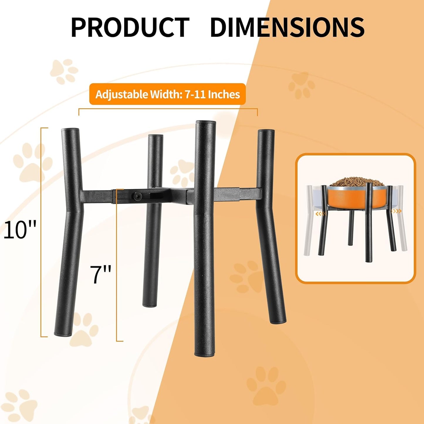 Lifted Dog Bowl Stand - Without Bowls, Single Raise Pet Food Table Adjustable Wide 7-11", Tall 10" - Bowl Stand Size Optional, Dog Bowls Holder Elevated for Small Medium Large Dogs Breed