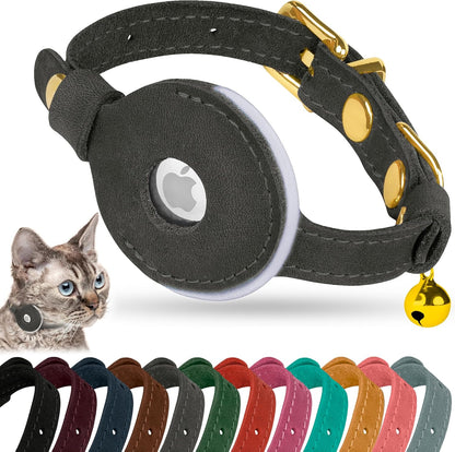 OOPSDOGGY Reflective Leather AirTag Cat Collar with Bell - Non Breakaway Adjustable Pet Collar with Apple Air Tag Holder - Lightweight GPS Kitten Collars for Small Dogs Puppy (Graphite)