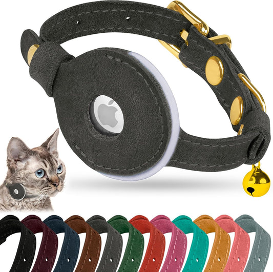 OOPSDOGGY Reflective Leather AirTag Cat Collar with Bell - Non Breakaway Adjustable Pet Collar with Apple Air Tag Holder - Lightweight GPS Kitten Collars for Small Dogs Puppy (Graphite)