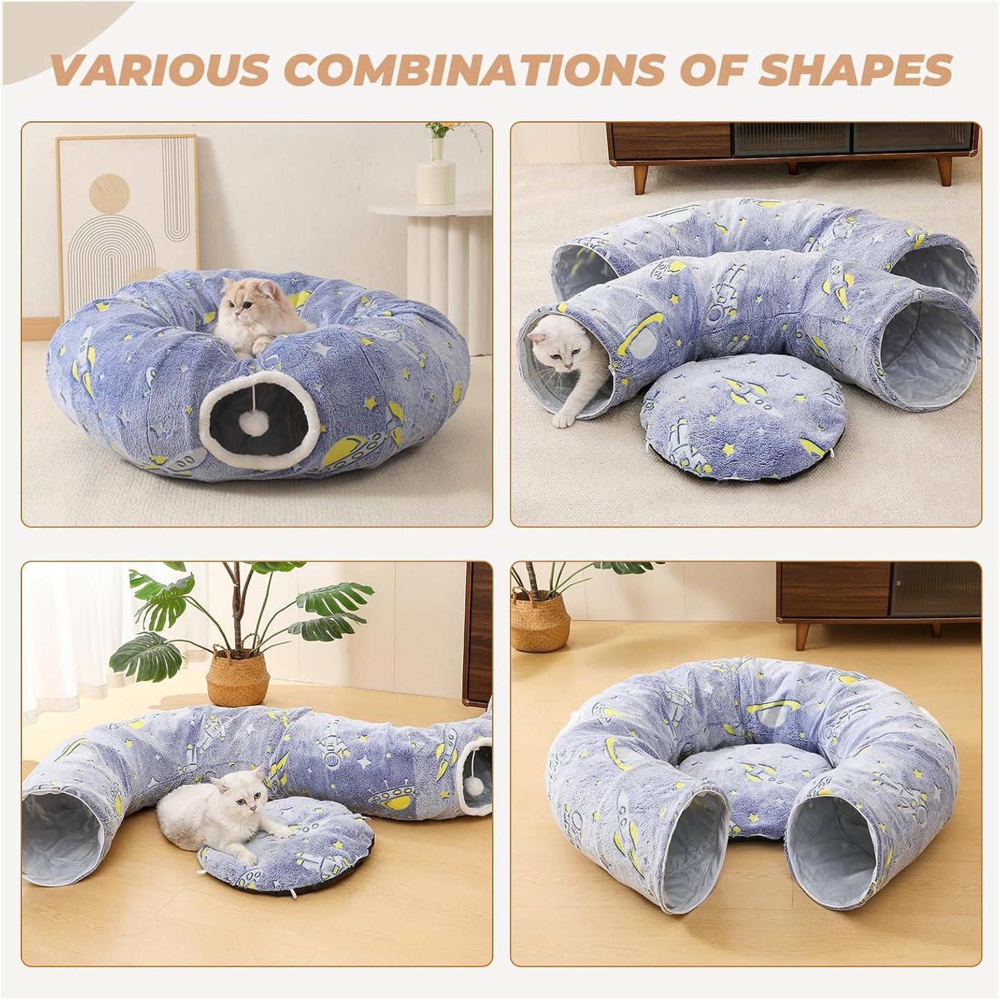 Large Cat Tunnels Bed Tube for Indoor Cats Glows in The Dark Cat Tunnel with Cushion and Plush Ball Toy Longer Playground Toys for Dog Puppy Kitten Rabbit Bunnies Ferret Pet Blue