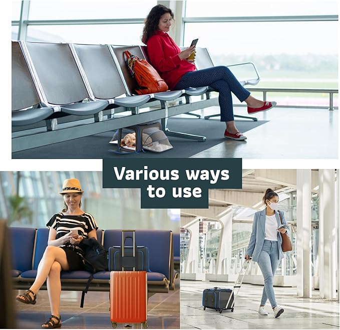 Katziela Rolling Rover Airline Compliant Expandable Premium Pet Carrier 6-Wheeled Baseboard Telescopic Handle Two-Sided Expandable Rolling Carrier Designed (Black- Blue Piping)