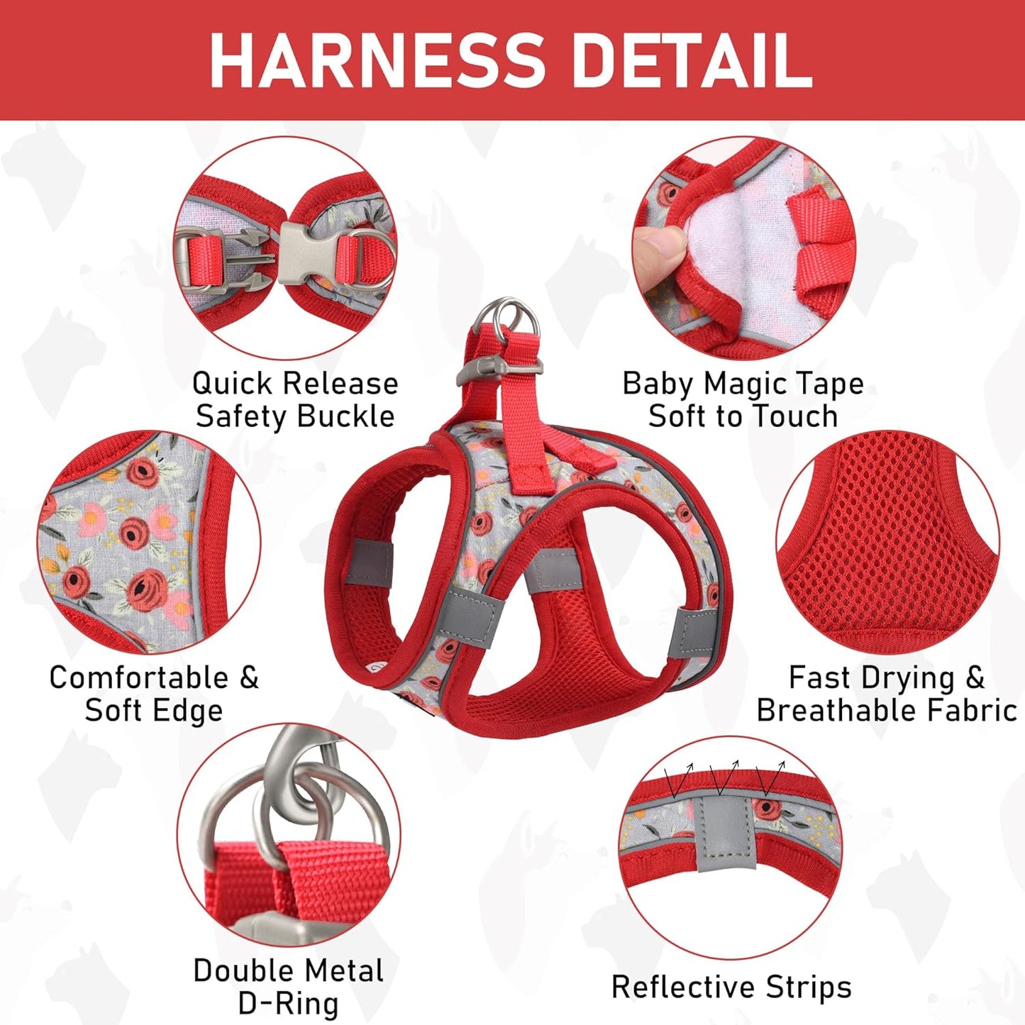 GAMUDA Small Dog Harness Collar and Leash Set, Step in No Chock No Pull Soft Mesh Adjustable Dog Vest Harnesses Plaid Reflective for Dogs Puppy Cats Kitten Rabbit (Red Flower, XL)