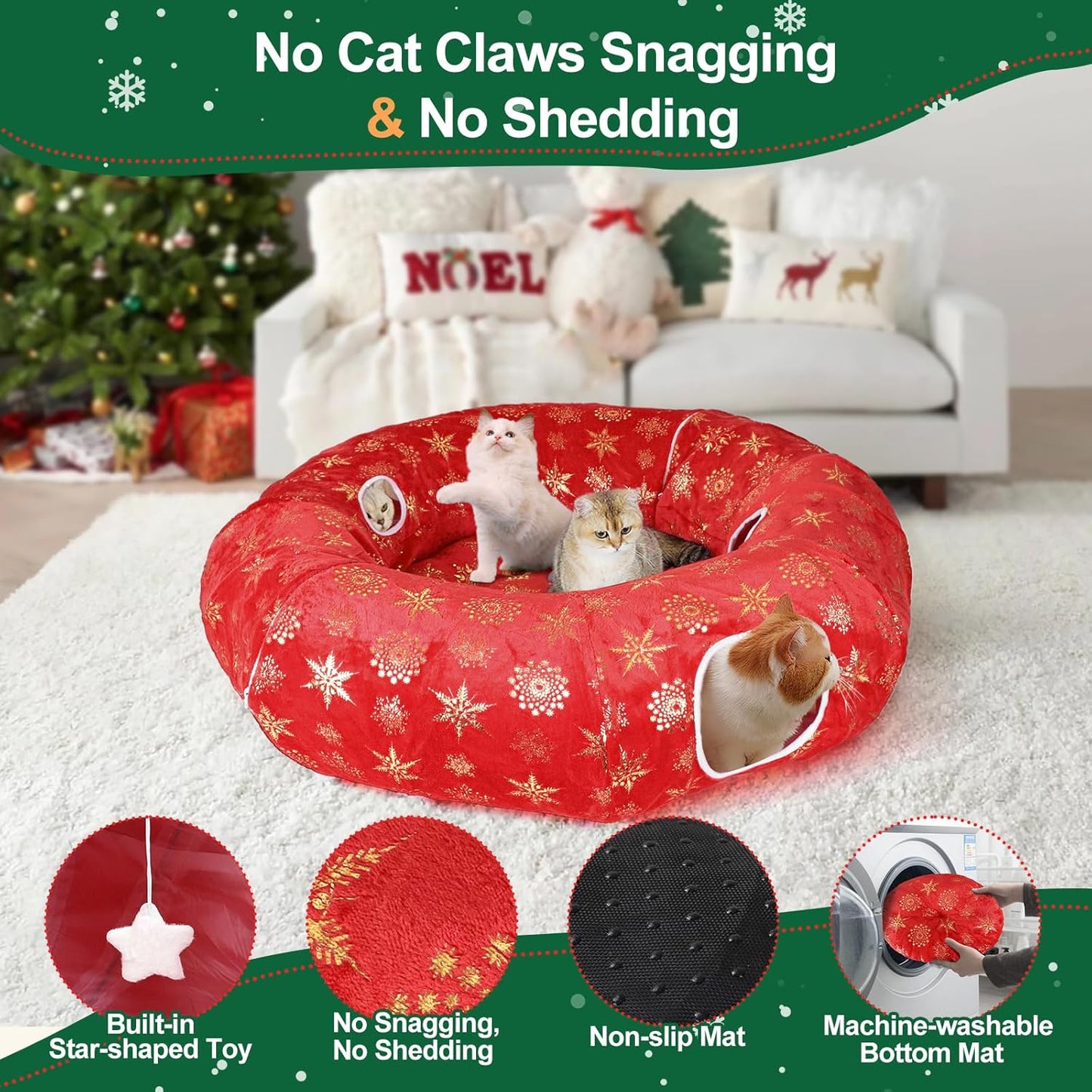 Cat Tunnel Bed for Indoor Cats, XL Christmas Tree Skirts Washable Warm Soft Indoor Cat Donut Tunnel, Multifunctional Cat Interactive Playground Toys for Felines Pet Christmas Tree Decoration