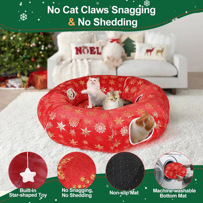 Cat Tunnel Bed for Indoor Cats, XL Christmas Tree Skirts Washable Warm Soft Indoor Cat Donut Tunnel, Multifunctional Cat Interactive Playground Toys for Felines Pet Christmas Tree Decoration
