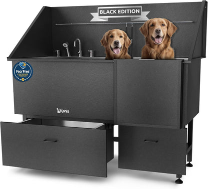 KANIS Black Line Professional Dog Washing Station - 304 Stainless Steel Pet Wash Sink & Grooming Bathtub w/Shower, Floor Grates and Storage for Large, Medium & Small Pets (61", 2 Drawers - Right Ramp)