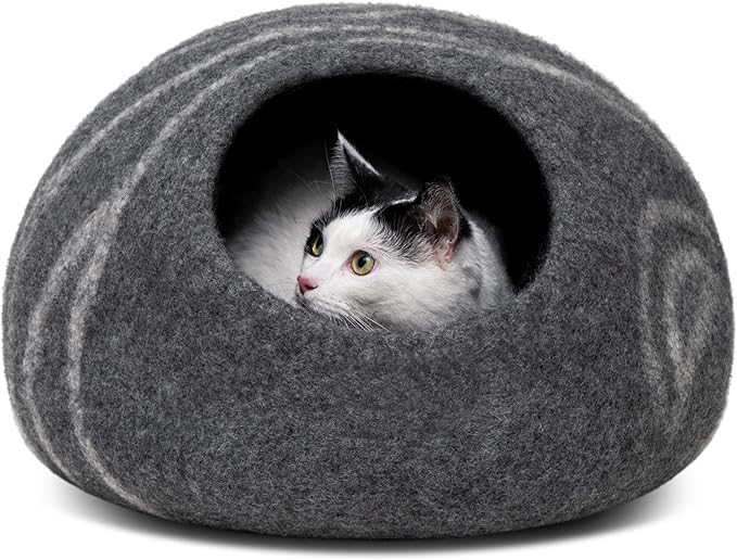 MEOWFIA Cat Cave – Premium Felt Cat Bed for Indoor Cats, Handmade 100% Merino Wool (Large, Dark Grey)